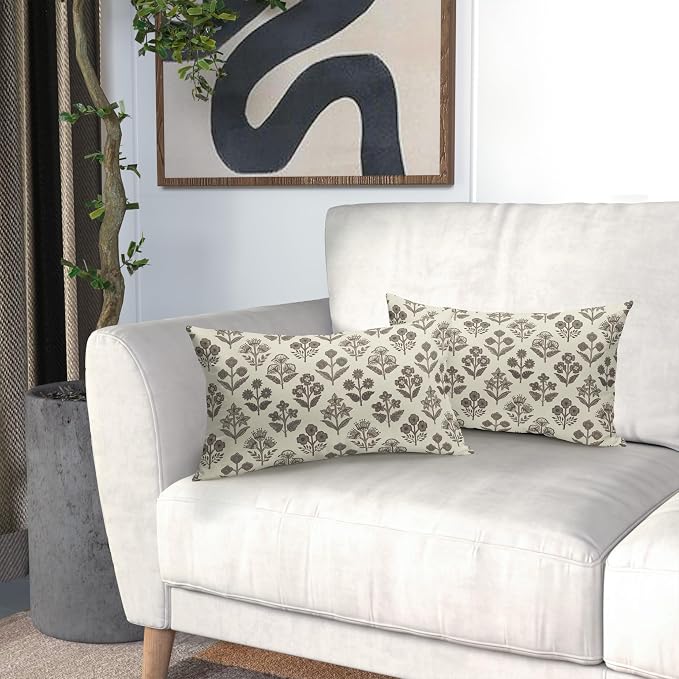 Dark Brown Floral Pillow Covers 12x20 Inch Set of 2, Block Print Lumbar Flower Cream Decorative Throw Pillowcases Outdoor Farmhouse Rectangle Cushion Covers Spring Summer Sofa Couch Bed Decor
