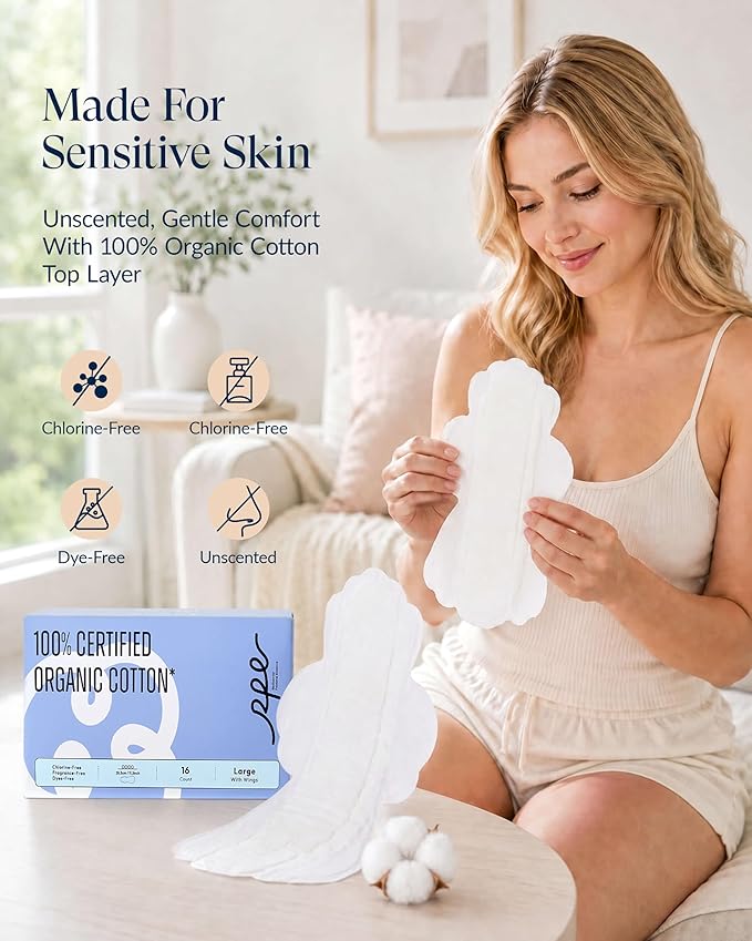 RPE Life 100% GOTS Organic Cotton Period Pads with Wings,Size 4, 48 Count | Large Size 4 pads with wings for heavy flow; highly absorbent, breathable, chlorine-free period protection.