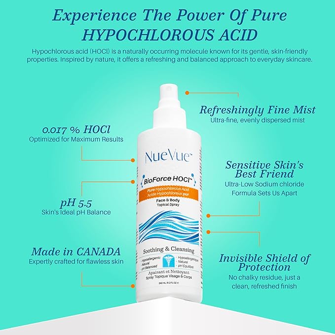 BioForce HOCl - Pure Hypochlorous Acid Spray for Face & Body - Acne-Prone Skin & Eczema, Piercing aftercare, Made in Canada, Gentle Skin Cleanser & Toner, pH Balanced, Non-comedogenic - NueVue (8.2oz)