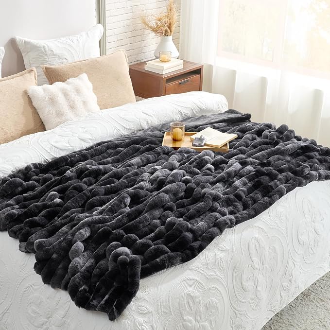 Cozy Bliss Faux Fur Throw Blanket for Couch, Cozy Warm Plush Striped Blanket for Sofa Bedroom Living Room, 60 * 80 Inches Tie-dye Black