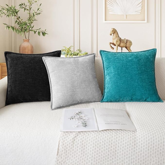 CaliTime Decorative Couch Throw Pillow Covers 24 X 24 Inches Lake Blue | Pack of 2, Cozy Chenille Cushion Cases, Cotton Thread Stitching Edges, for Sofa Bed Living Room Farmhouse