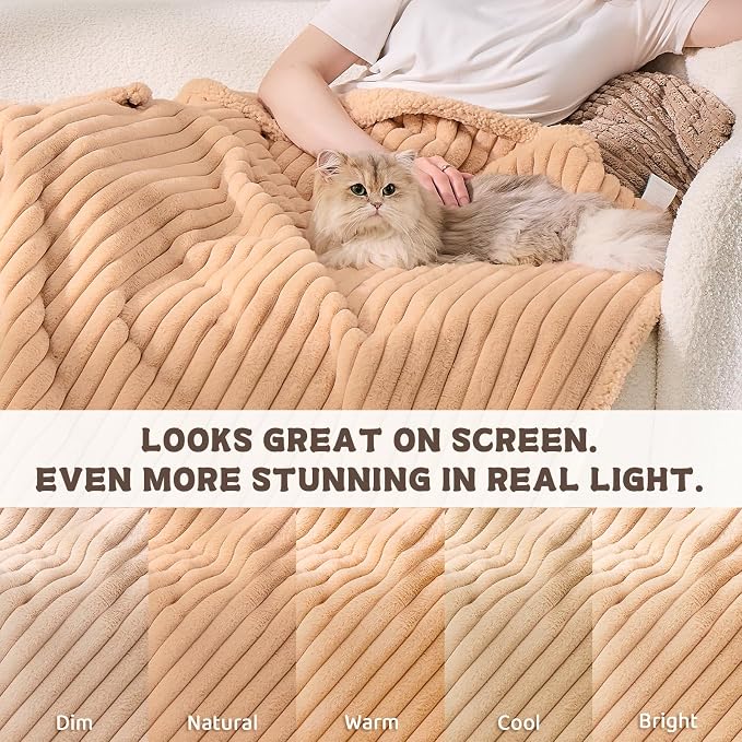 Waterproof Calming Cat Blanket for Indoor Cats, Noiseless Soft Plush Dog Blanket for Pets, 500GSM Thick Faux Fur Pet Throw, Couch Furniture Protector for Puppy, Sand Beige, 25x30IN