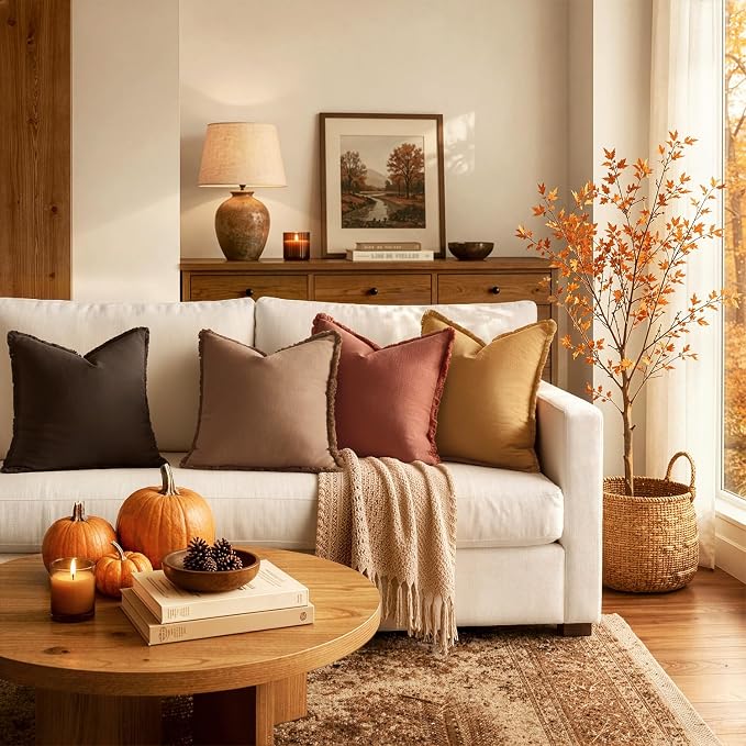 MIULEE Fall Linen Fringe Pillow Covers Set of 4 18x18 Orange/Yellow | Boho Farmhouse Decorative Throw Pillow Covers, Neutral Soft Rustic Cushion Cases, for Couch Sofa Bed Living Room Home Decor