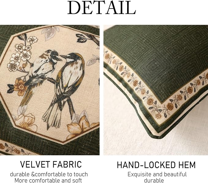 Vintage Linen Rectangle Throw Pillow Cover,Set of 2,28"x12"-Murad E | Designer French Green Pillow Cover,Concealed Zipper Design,Floral and Bird Pattern,Sofa,Bedroom,Living Room,Lounge Chairs