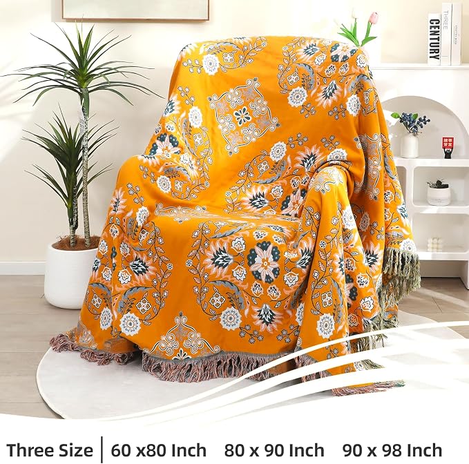 VANJOROY Boho Throw Blanket, 100% Cotton Soft Sofa Bed Throw-Floral Farmhouse Decor Blanket, Reversible Bohemian Throw for Chair Couch Quilt and Gift, 60" x 80"-Yellow