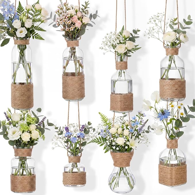 8 Pcs Hanging Glass Vases Clear Hanging Propagation Vases with Jute Rope Glass Terrariums Planters, Handcrafted Assorted Shapes, Suitable for Dried Flowers, Vintage Rustic Home Graden Decor
