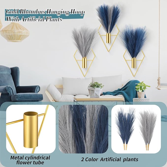Hanaive 4 Sets Boho Wall Decor Metal Wall Art Hanging Planters with Artificial Pampas Display Modern Home Vase for Bedroom Home Office(Soft,Blue,Light Gray)