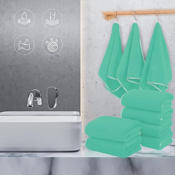 TENSTARS Silk Hemming Hand Towels for Bathroom - Quick Drying - Ultra Soft Microfiber Absorbent Towel for Bath Fitness, Gym, Shower, Hotel, and Spa - 16x28 Inch | Set of 6, Aqua Green