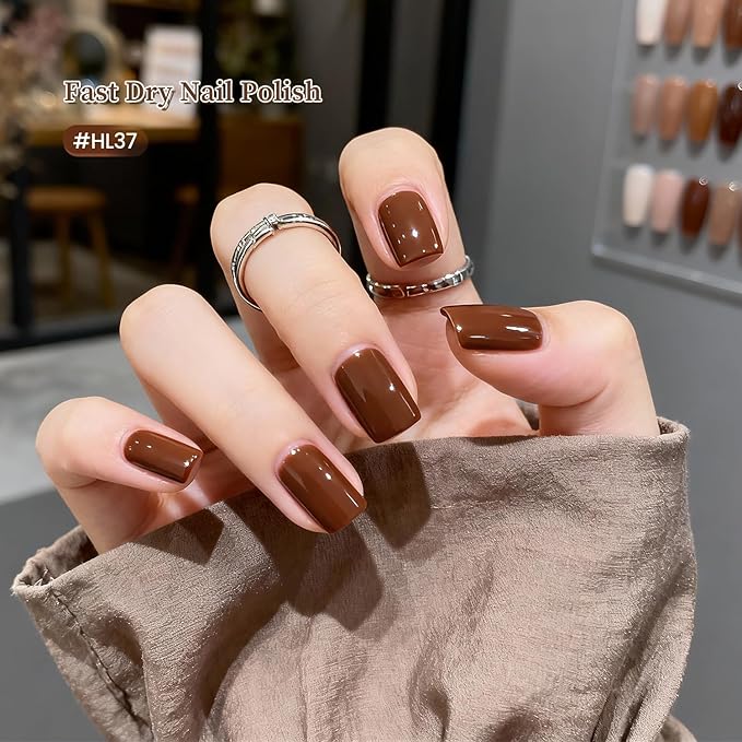 12Pcs Brown Nail Polish Set with Base and Top Coat Chocolate Brown Moche Fingernail Polish Quick Dry Regular Finger Nail Polish Pack for Women Gift Holiday 5ML