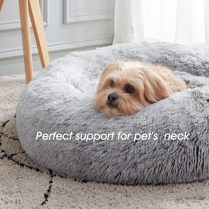 Western Home Calming Donut Small Medium Pet Dog Bed Washable,27" Light Grey | Fluffy Faux Fur Round Cuddler,Anti-Anxiety,Anti-Slip Bottom,Plush Pet Dog Beds for Small Medium Sized Dogs,Up to 35 LBS