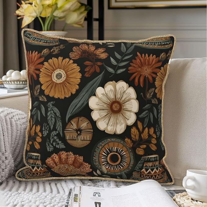 Vintage Boho Flower Velvet Pillow Covers 20x20 Inch Brown Green Retro Floral Throw Pillows for Couch Cushion Covers PillowcaseBohemian Farmhouse Pillow Cases for Sofa Bed Living Room