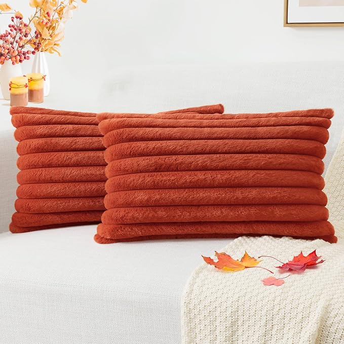 Pallene Faux Fur Fall Decorative Throw Pillow Covers 12x20 Set of 2, Rust | Luxury Plush Texture, Striped Design, Cozy Soft Touch, Modern Home Accent Decor for Couch, Sofa, Bed, Living Room