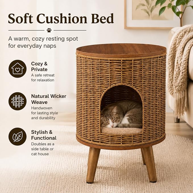 Rattan Cat House End Table, 2-in-1 Cat Bed Side Table, Stylish Pet Furniture for Indoor Cats in Living Room and Bedroom (Brown, 15.7”L x 15.7”W x 22”H)