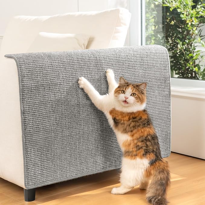 Conlun Cat Scratching Pad, 27.5x35.4in Sisal Mat Couch Protector | Indoor Cat Scratcher Mat, Mess-free, Anti-slip Backing, Hook&Loop Tape for Furniture Door Wall, Grey
