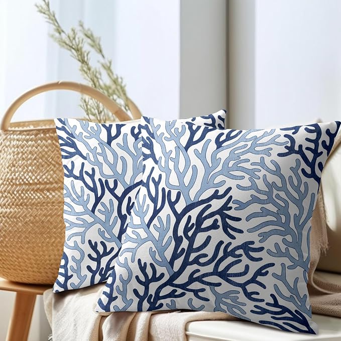 Nautical Coastal Coral Blue White Pillow Covers 22x22 Inch Set of 2 Summer Ocean Themed Beach Pillow Cases Outdoor Linen Square Cushion Cover Farmhouse Decor for Bedroom Home Sofa Couch Bed