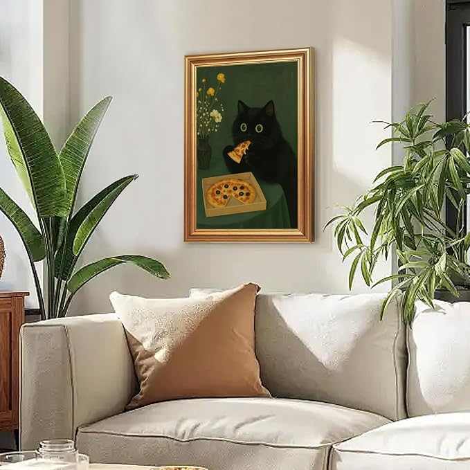 ICHZUMW Gold Framed Funny Black Cat Eating Pizza Canvas Wall Art, 16x24 In | Quirky Cat Print Humorous Animal Kitchen Wall Decor, Dining Room Bedroom Living Room, Fade Resistant, Ready to Hang