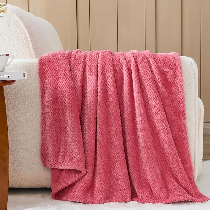 NEWCOSPLAY Fleece Leaves Pattern Throw Blanket, Coral Pink, 50"x60" | Super Soft Throw Blanket, Lightweight Cozy Bed Sofa Blanket, Premium Silky Flannel Fleece, Travel Blanket for All Season Use