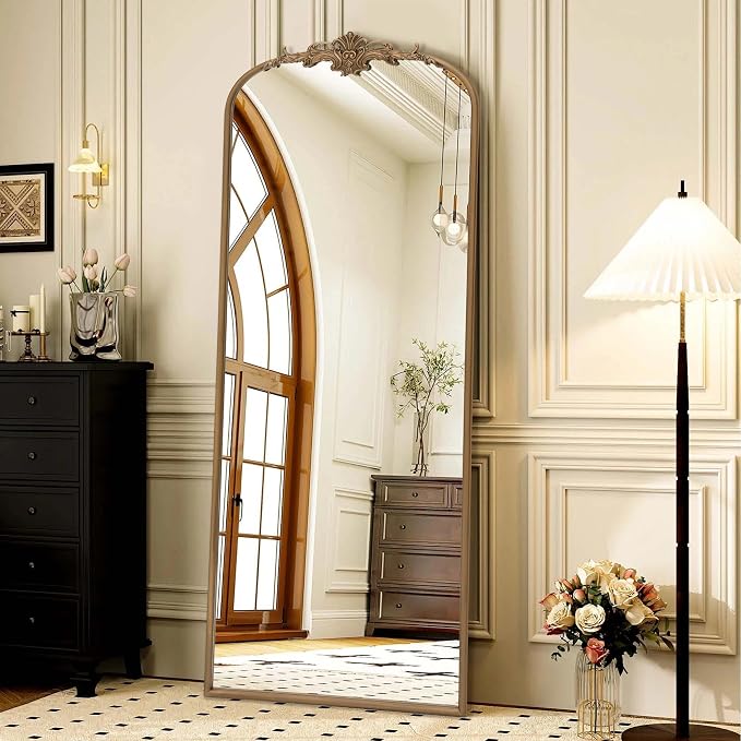 Besdomus Vintage Mirror Full Length: 21"x56" Brass Gold Arched Body Mirrors | French Floor Standing Metal Framed - Antique Baroque Traditional Ornate - Ideal for Foyer/Cloakroom/Bedroom/Dressing Room