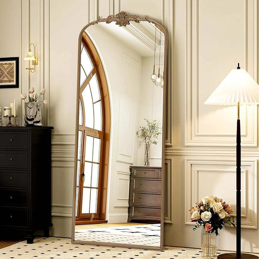 Besdomus Vintage Mirror Full Length: 21"x56" Brass Gold Arched Body Mirrors | French Floor Standing Metal Framed - Antique Baroque Traditional Ornate - Ideal for Foyer/Cloakroom/Bedroom/Dressing Room