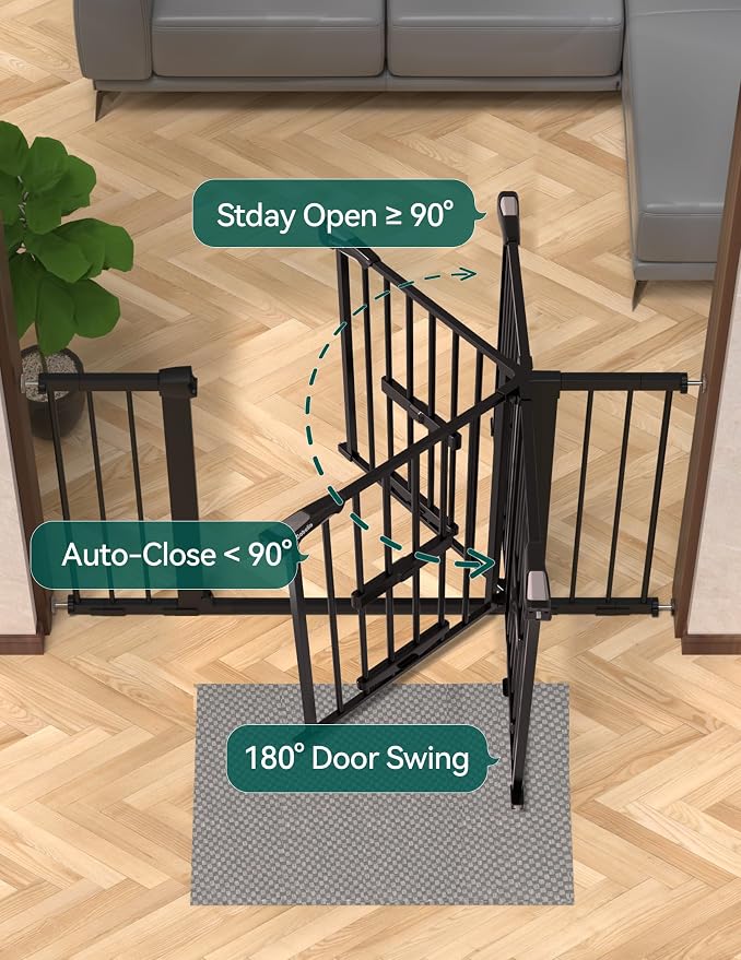 Babelio Extra Wide Baby Gate with Cat Door, CatPrivilege II, 29-48" | Auto-Close Metal Pet Door for Stairs, Doorways & House, Pressure/Hardware Mounted, Easy Walk Thru, Black