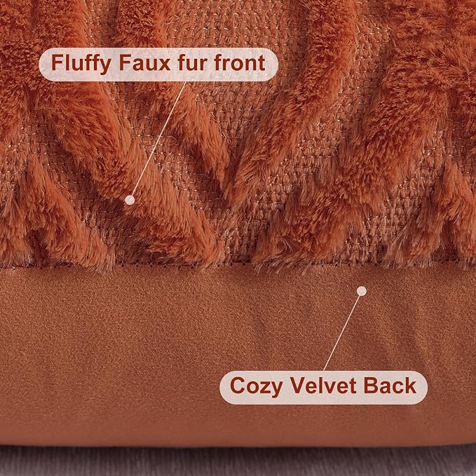 decorUhome Faux Fur Plush Soft Rust Throw Pillow Covers 22x22 Set of 2 | Plush Solid Fall Couch Pillow Covers, Accent Modern Farmhouse Neutral Decorative Square Pillow Cases for Sofa Bed Living Room
