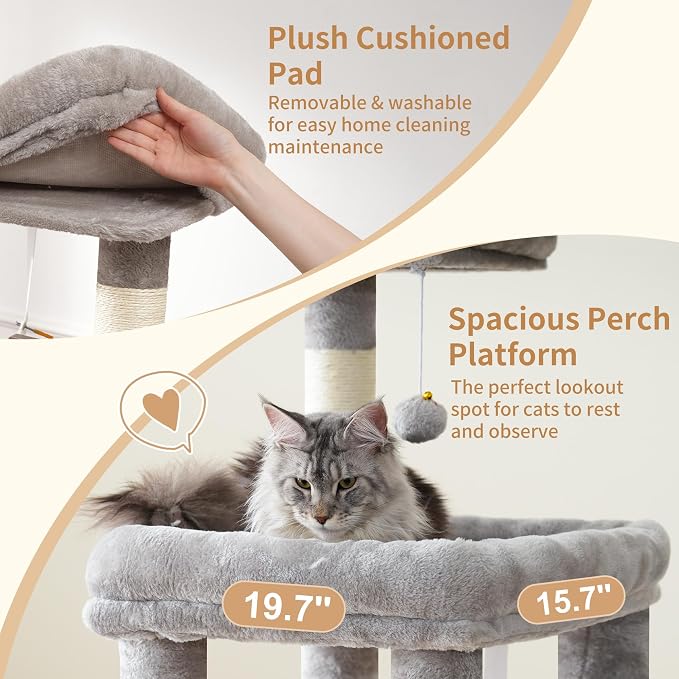 Heybly Cat Tree, 71-Inch Tall Cat Tower for Large Maine Coon Cats HCT037W | Cat Condo Furniture with Extra-Large Baseboard, Multi-Level Platforms, 2 Hammocks and 12 Scratching Posts, Light Gray