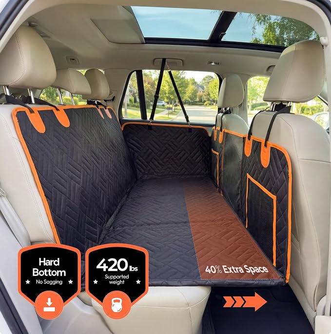 Dog Seat Cover for Back Seat Hard Bottom, XL Backseat Extender for Large Dogs (+420 lbs), Waterproof Dog Car Hammock with Door Protectors, Non-Slip Heavy-Duty Pet Seat Cover for Truck, SUV & Car