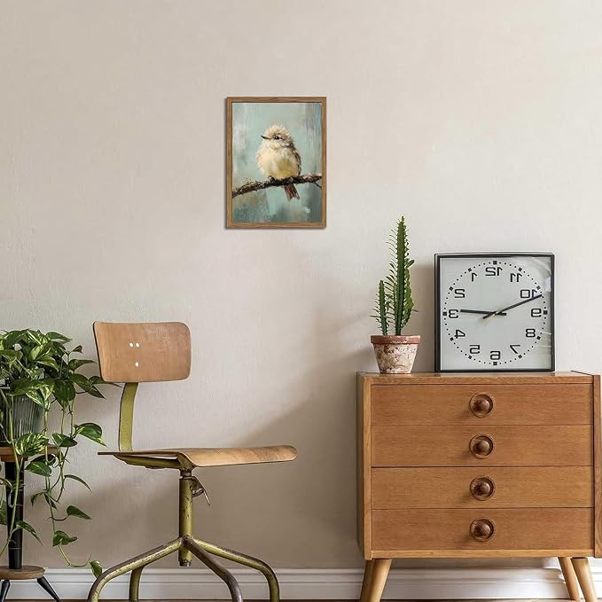 Vintage Framed Bird Wall Art, Rustic Sparrow on Branch Canvas Wall Decor Painting, Cute Bird Animal Artwork Poster Prints Pictures for Living Room Bedroom Bathroom 12x16 Inch