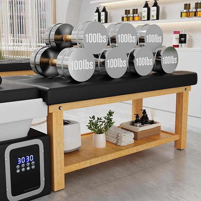 Hair Washing Head Spa Stationary Massage Table with Water Cycle & Fumigation Salon Equipment for Beauty Head Spa Physical Therapy Massage, Wood Frame, PU Leather - Black