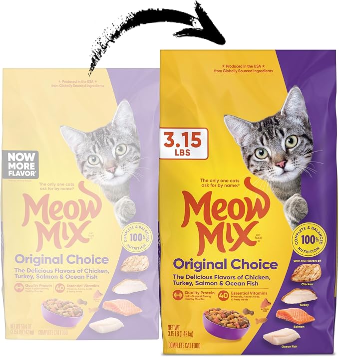 Meow Mix Original Choice Dry Cat Food, 3.15 lb Bags | 4-pack, crunchy cat kibble, 100% complete & balanced nutrition, high quality protein & antioxidants, all life stages