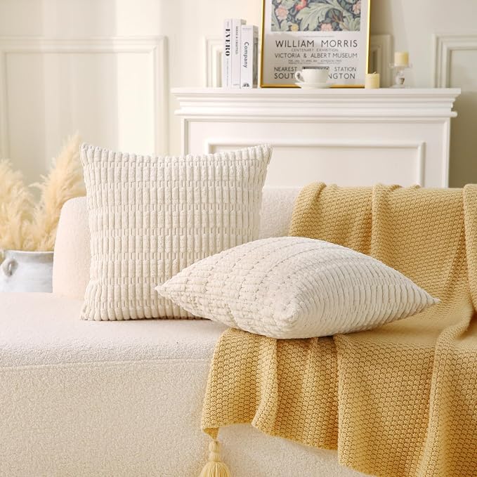 2 Pack Corduroy Decorative Throw Pillow with Inserts, 20x20 Inch Soft Boho Throw Pillow, Square Striped Throw Pillows for Couch, Bed, Sofa Decor (Beige)