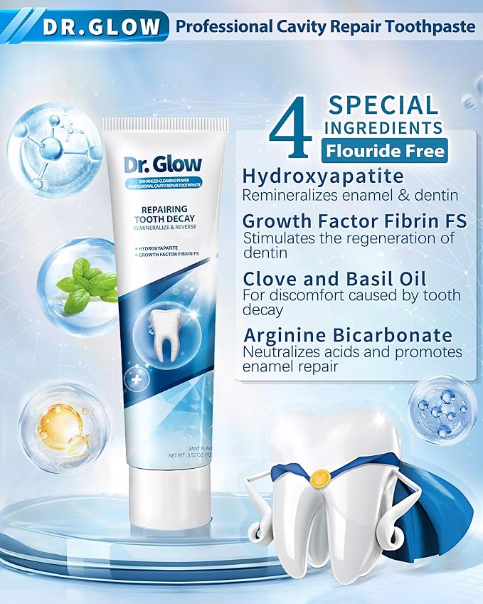 Dr. Glow Adult Cavity Repair Toothpaste, Cavity Reversing Hydroxyapatite Toothpaste, Cavity Filler for Tooth Remineralization, Tooth Decay Treatment Repair, Enamel Repair Cavity Remover, 3.52oz X 2