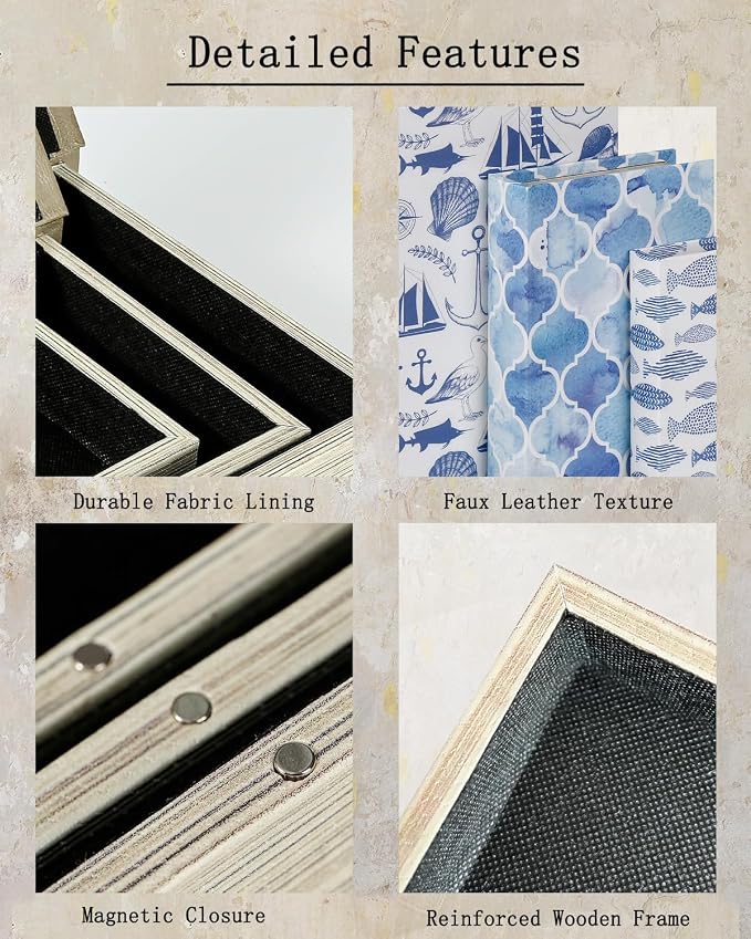 Decorative Wooden Book Box Set of 3 - Vintage Faux Book Boxes for Home Decor, Secret Storage with Magnetic Closure, Antique Style, Nautical Theme Leather Cover, Perfect for Home Office Bookshelf