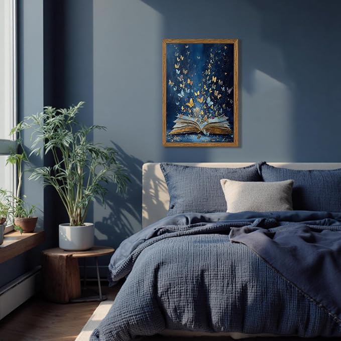 JLTULT Book Wall Art with Butterflies, Solid Wood-Framed Canvas, 16x24 in | Blue open-book art with butterflies on fade-resistant canvas and a ready-to-hang solid wood frame for bedrooms and studies