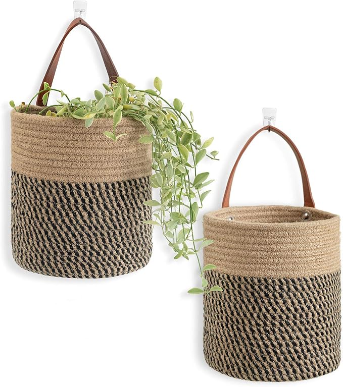 Goodpick 2 Pack Jute Rope Wall Hanging Storage Baskets for Home Decor | Boho Woven Hanging Plant Basket Decor, Decorative Basket for Home, Size 7.87×7×11.7 Inches for Wall Flower & Home Storage