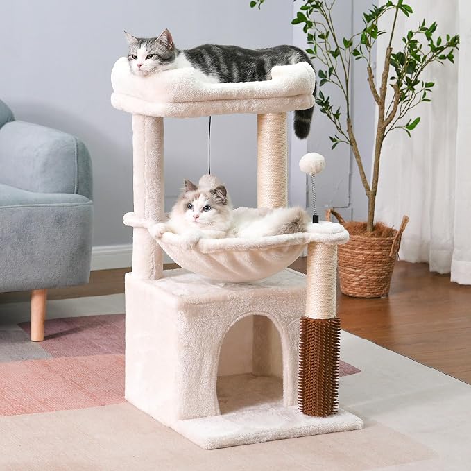 Cat Tree 32” Small Cat Tower with Large Hammock 16”& Self Groomer | Compact Cat Tree with Hammock 16” Dia, Removable Bed, Scratching Post & Self Groomer Small Cat Tree for Indoor & Adult Cats