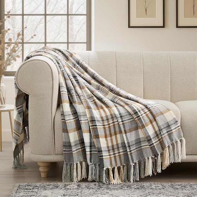 Plaid Chenille Knit Throw Blanket, 60"x80", Grey & Beige | Super Soft Knitted Throw with Tassels, Cozy, Decorative Farmhouse Plaid, Lightweight, Ideal for Couch Bed Gift Home Decor