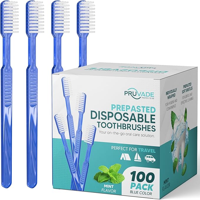Pruvade 100 Pack Disposable Toothbrushes with Toothpaste Built In | Mint Prepasted Toothbrushes Individually Wrapped - Blue Single Use Waterless Toothbrush with Soft Bristles for Work, Camping, Travel