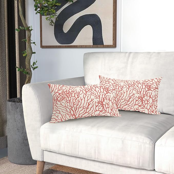 Nautical Coastal Lumbar Pillow Covers 12x20 Inch Set of 2 Summer Ocean Beach Coral Orange Decorative Pillow Cases Outdoor Linen Cushion Cover Farmhouse Decor for Bedroom Home Sofa Couch Bed
