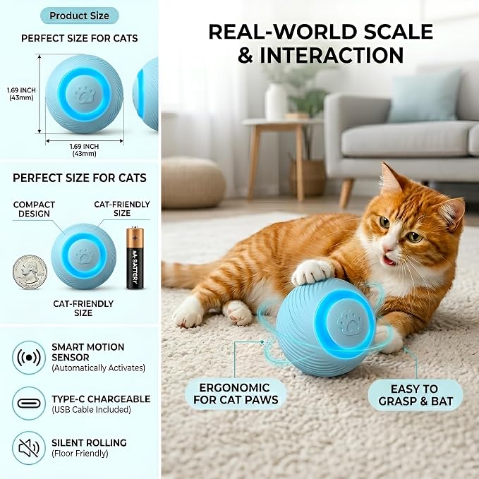 Interactive Cat Toy Ball - Automatic Interactive Cat Toys for Indoor Cats, Rechargeable Cat Enrichment Toys for Small/Medium/Large Cats to Keep Them Busy
