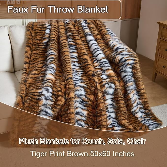 Luxury Fluffy Faux Fur Throw Blanket,Thick Fluffy Silky Fuzzy Cozy Blanket,Plush Blankets for Couch, Sofa, Chair, Bed-Tiger Print Brown-50 * 60inch