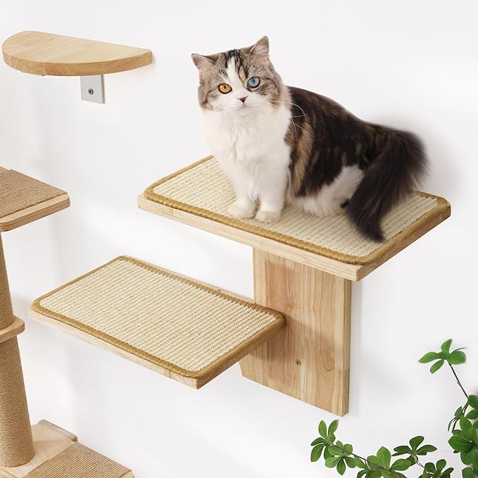FUKUMARU Cat Wall Shelves, 2 Platform Kitten Wall Furniture, Tree Shape Wall-Mounted Floating Shelf with Sisal Mat, Solid Rubber Wood Cats Perch for 16 Inch Drywall, Suitable for Climb, Play, Nap | Floating Shelf Kitten Furniture, Solid Rubber Wood Cat...
