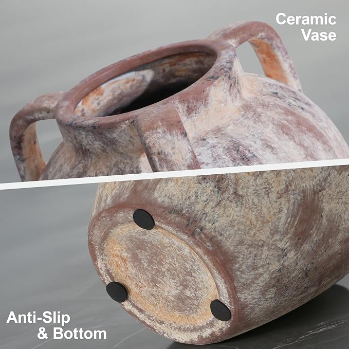 Ceramic Flower Vase with Handles, 8.86 inch Tall Ceramic Vase Home Decor Vintage Terracotta Rustic Unique Vase for Bouquet Pottery Barn Decor Large Vases Living Room Bathroom Modern Farmhouse