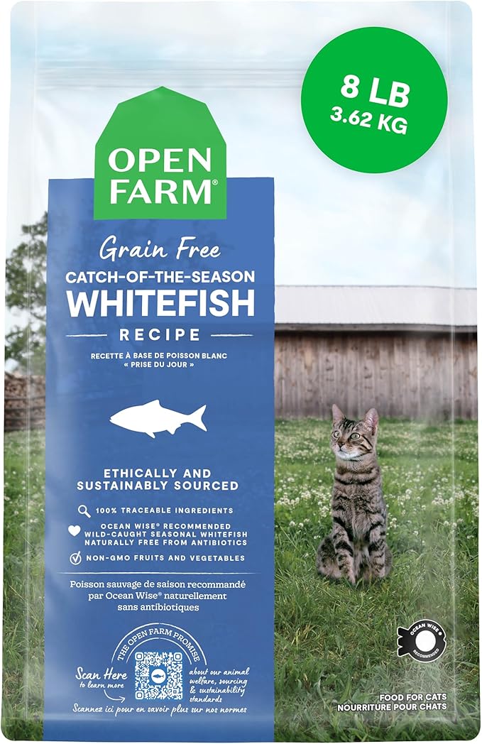 Open Farm Grain Free Dry Cat Food, Wild-Caught Whitefish Kibble, 8lb Bag | All Life Stages, High Protein, Prebiotic Fibers, 100% Traceable Ingredients, Non-GMO Fruits & Veggies.