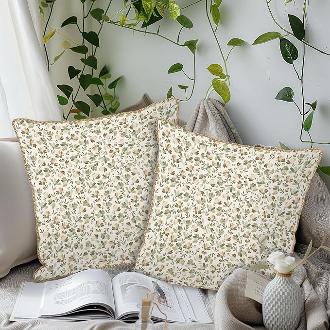 KSLIDS Sage Green Beige Floral Soft Velvet Throw Pillow Covers Set of 2 Vintage Brown Flower Decorative Pillow Covers 20x20 Inch Rustic Pillow Case for Sofa Couch Bedroom Farmhouse Home Decor