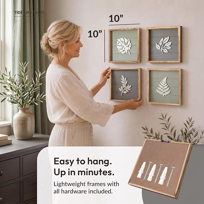 Tide and Tales Leaves of Meaning 3D Botanical Wall Art (Set of 4) Framed Boho Wall Art for Living Room, Bedroom & Bathroom, House Warming Gifts for New Home, Leaf Farmhouse Home Decor 10"x10"