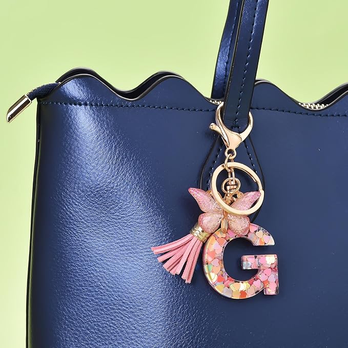 Fashion Alphabet Initial Letter Keychain Tassel Butterfly Pendant Key Ring for Purse Handbags Women Girl