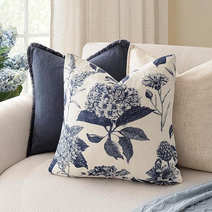 Foindtower Set of 2 Linen Floral Vintage Throw Pillow Covers Neutral Accent Print Decorative Cozy Cushion Covers Farmhouse Boho Home Decor for Sofa Chair Couch Bed Living Room,20×20 Inch,Navy Blue
