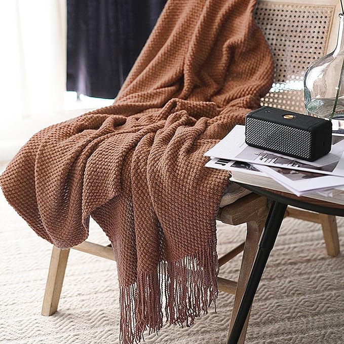 LOMAO Knitted Throw Blanket with Tassels Bubble Textured Lightweight Throws for Couch Cover Home Decor (Caramel, 50x60)