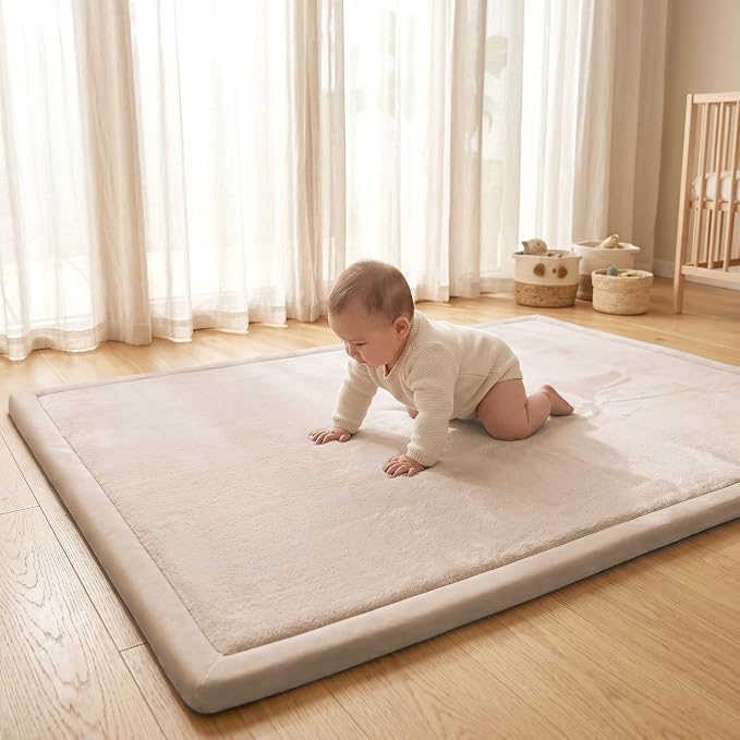 ACOMOPACK Baby Play Mat for Floor 1.3" Thick Memory Foam Play Mat 79"×157 Tummy Time Crawling with Non-slip Bottom for Living Room,Nursery,Soft Velvet Playpen Mats for Kids,Infants（Beige）